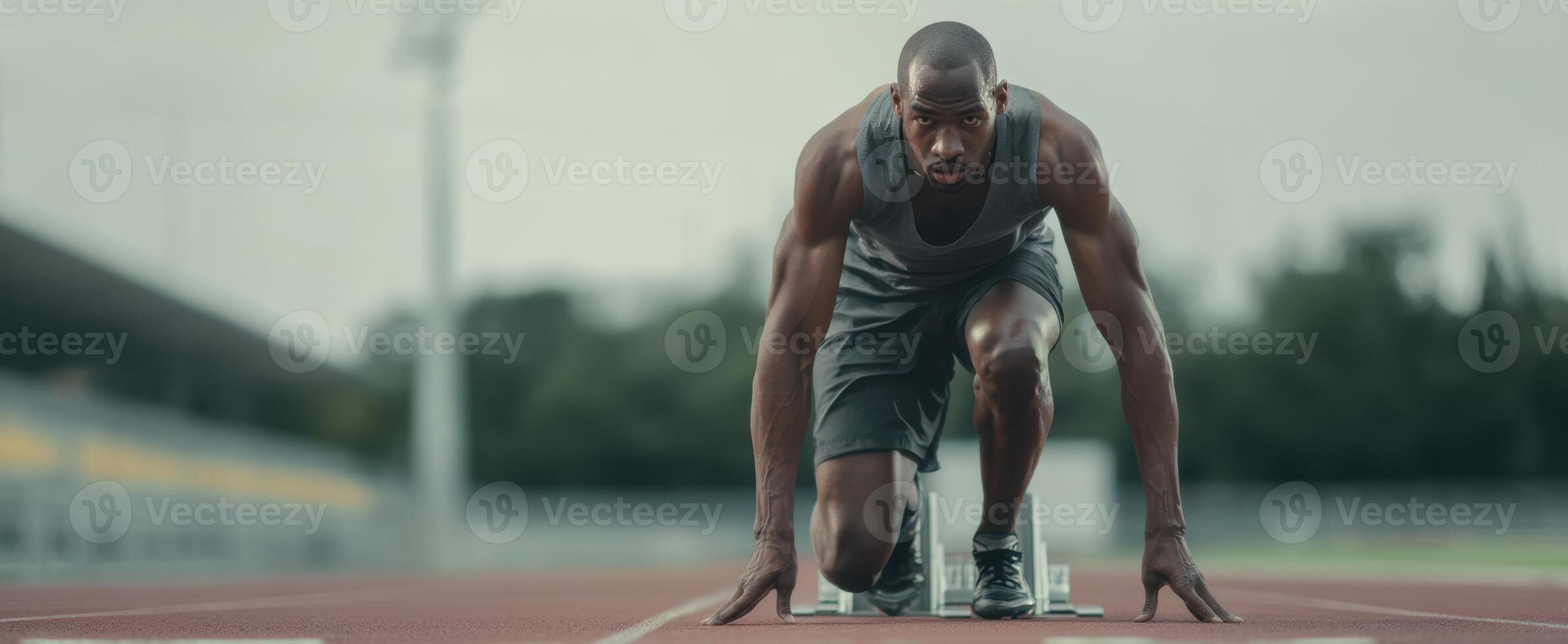 The focused athlete preparing to sprint on a running track. photo