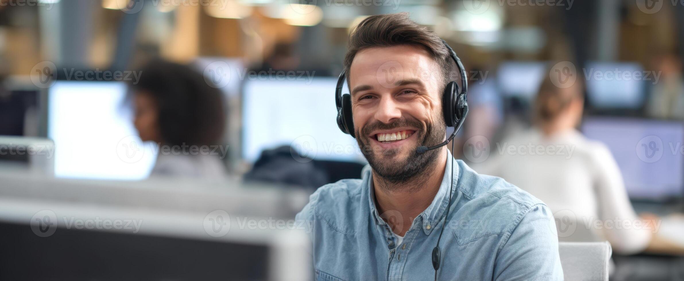 The smiling man in a call center wearing a headset and working happily. photo
