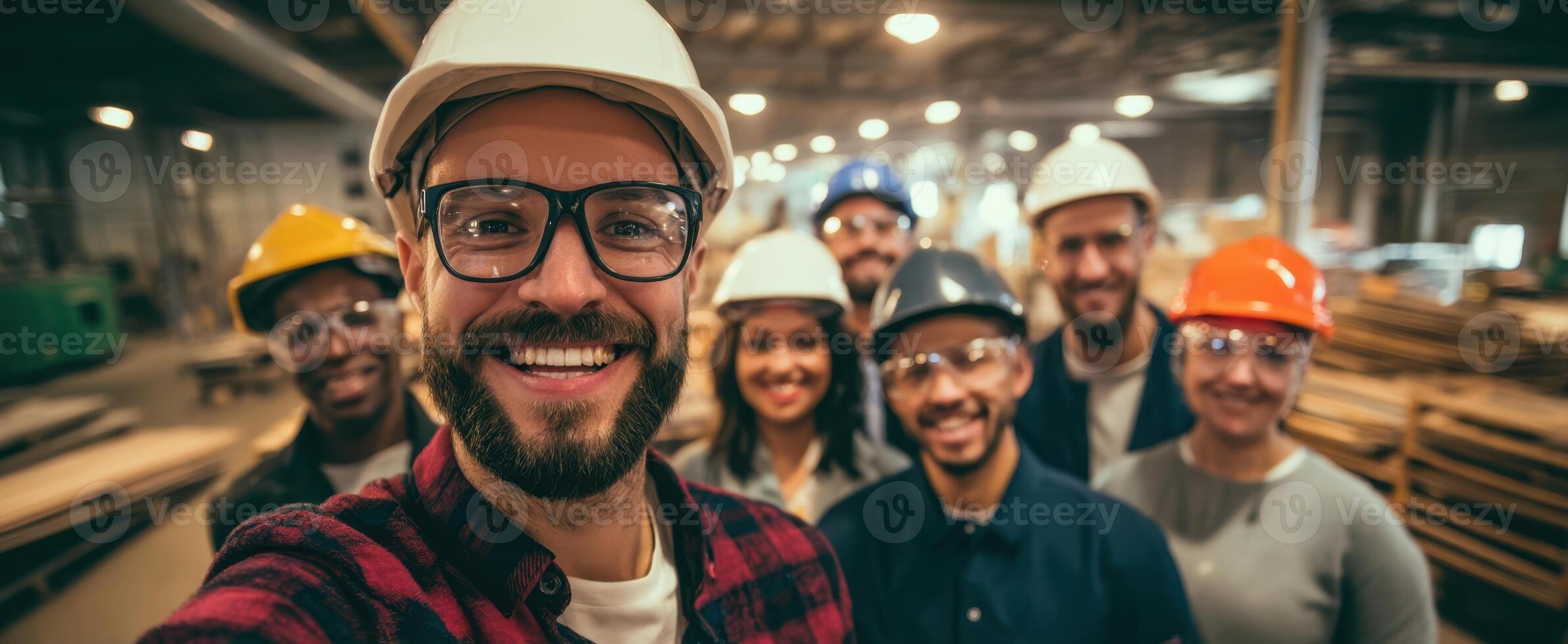 The cheerful team of workers posing confidently in a warehouse environment. photo