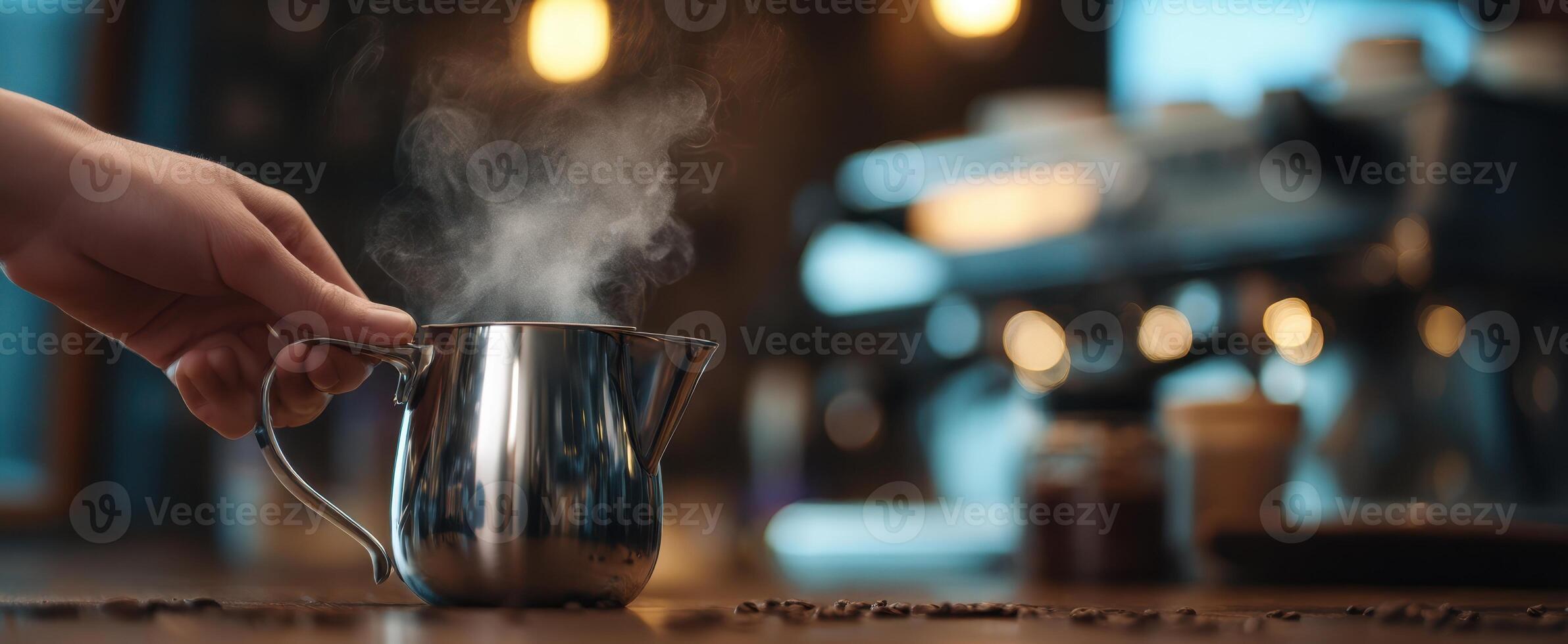 The steaming coffee pot ready for brewing delicious espresso beverages. photo