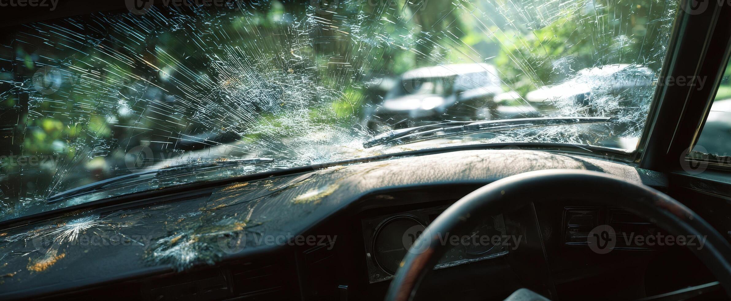 The cracked dashboard of an abandoned car surrounded by lush nature. photo