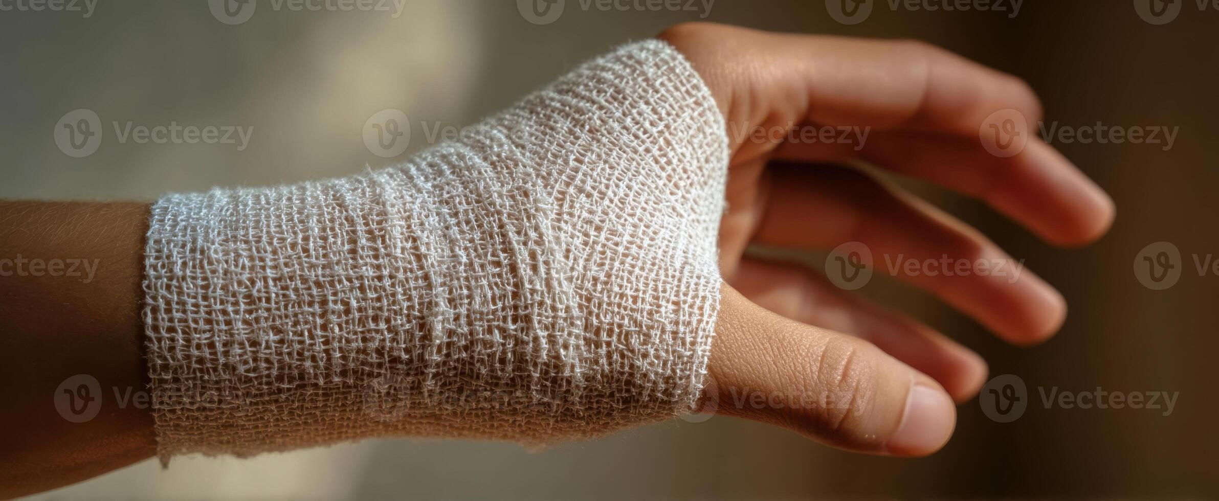The hand wrapped in a white bandage symbolizing healing and recovery. photo