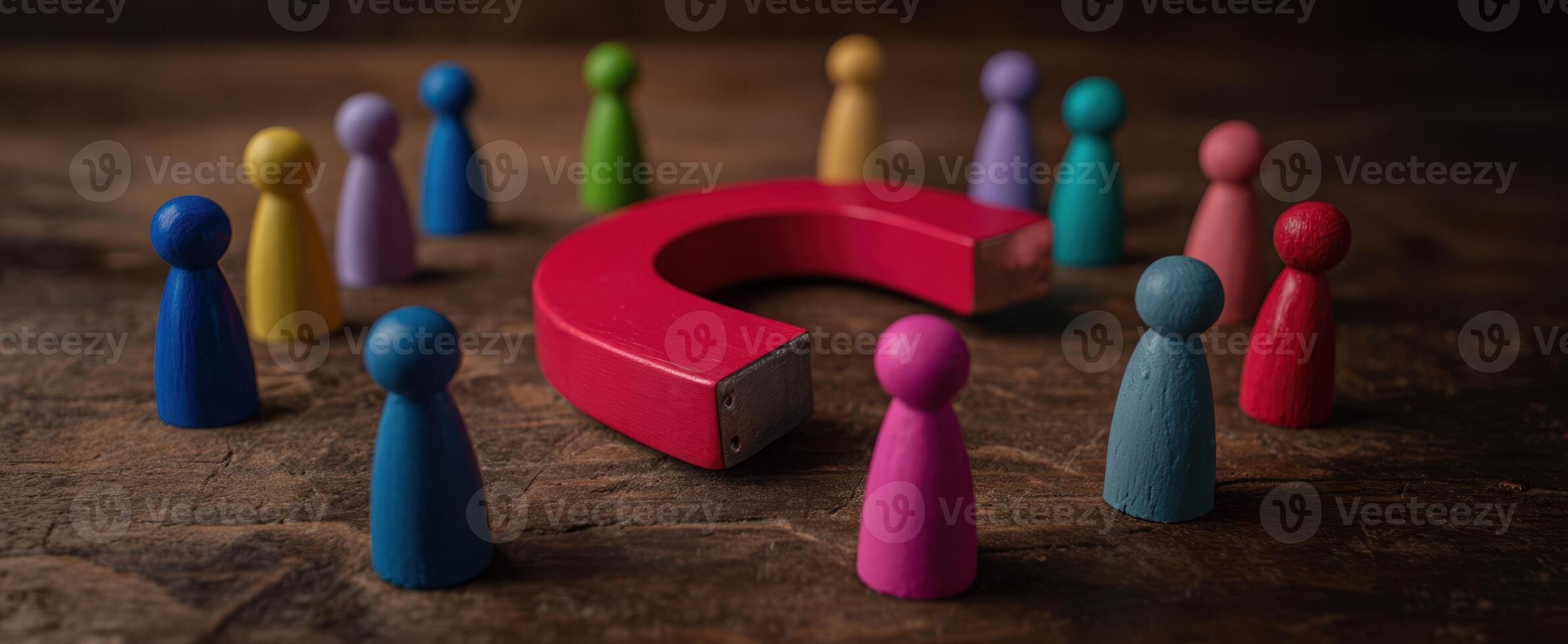 The colorful magnet attracting wooden figures in a playful gathering. photo
