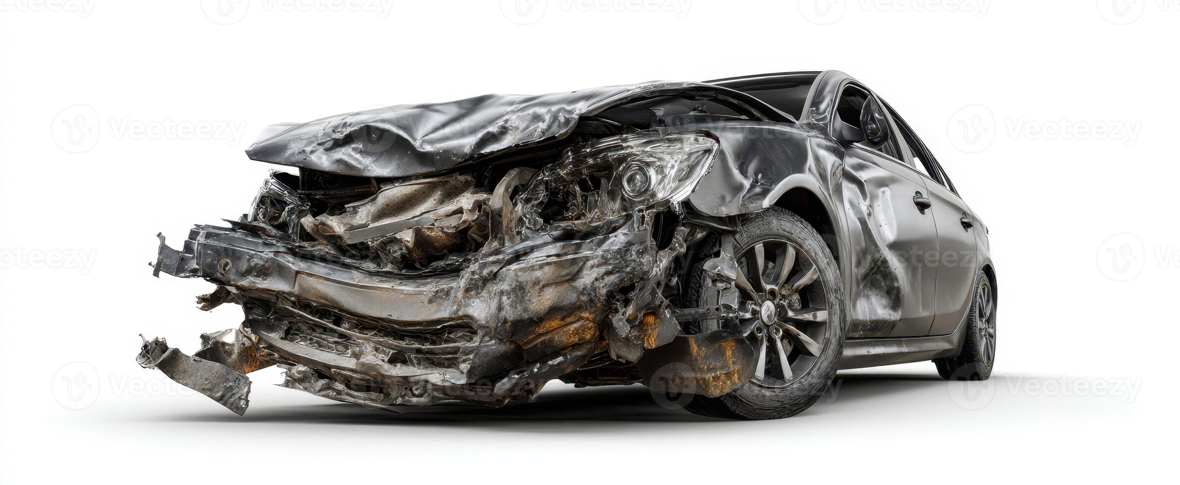 The severely damaged car after a major collision in an urban setting. photo