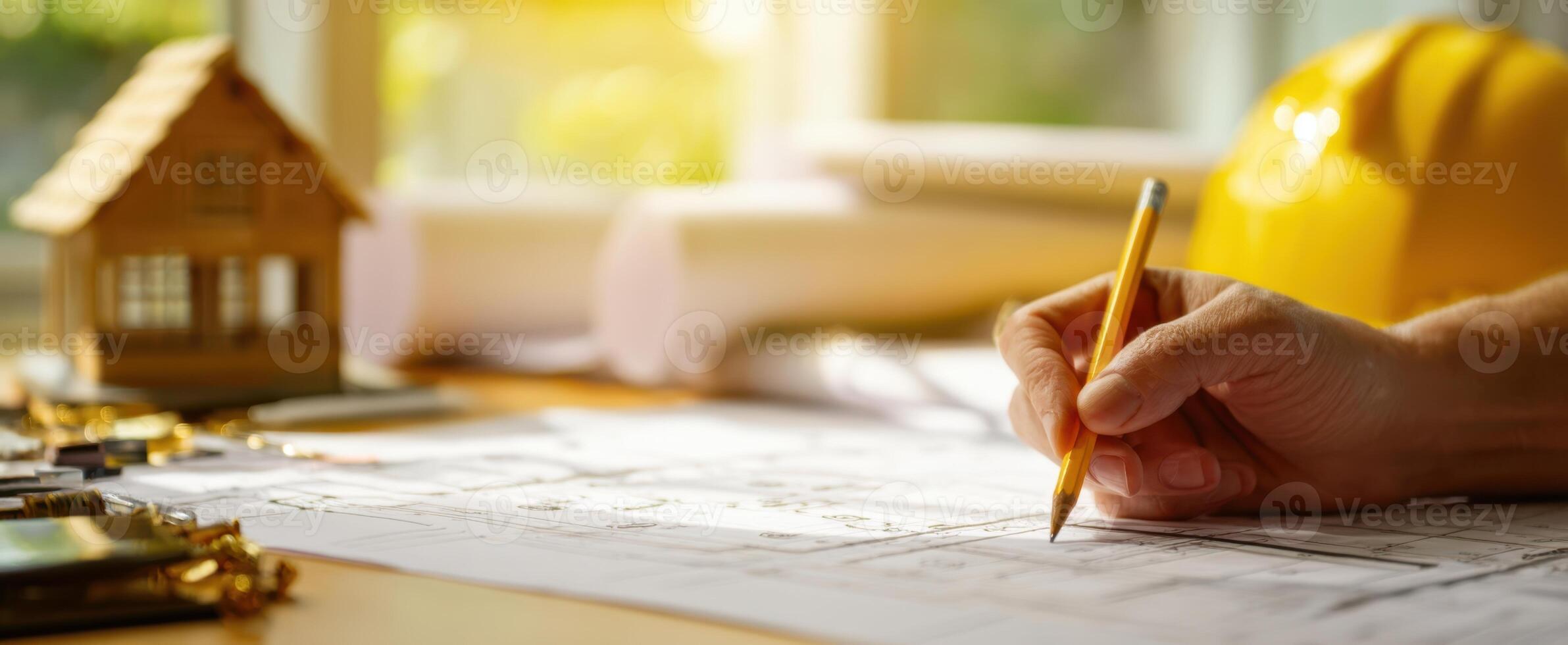 The architectural planning process with a hand sketching on blueprints. photo