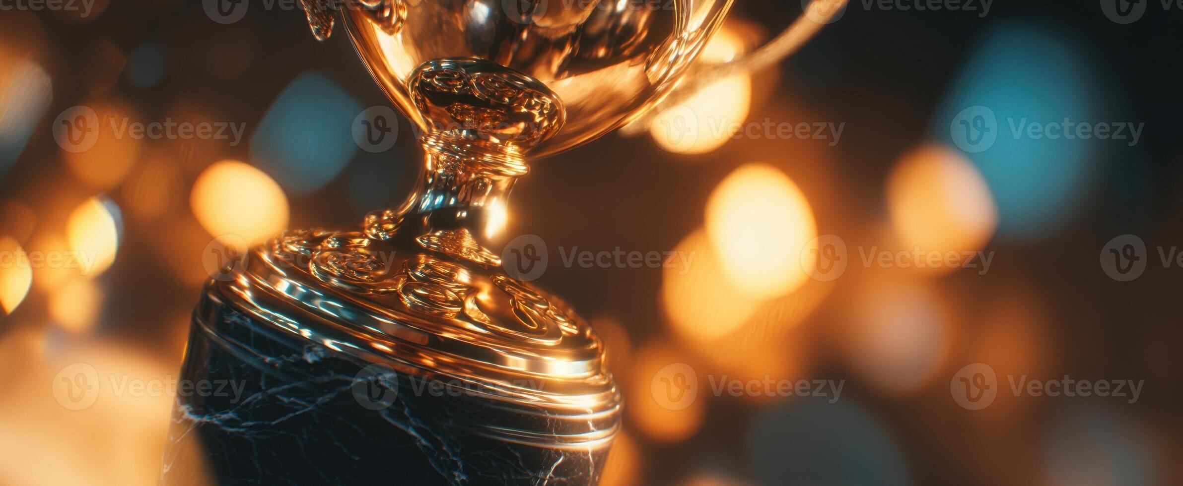 The golden trophy symbolizing victory and achievement against a blurred festive background. photo