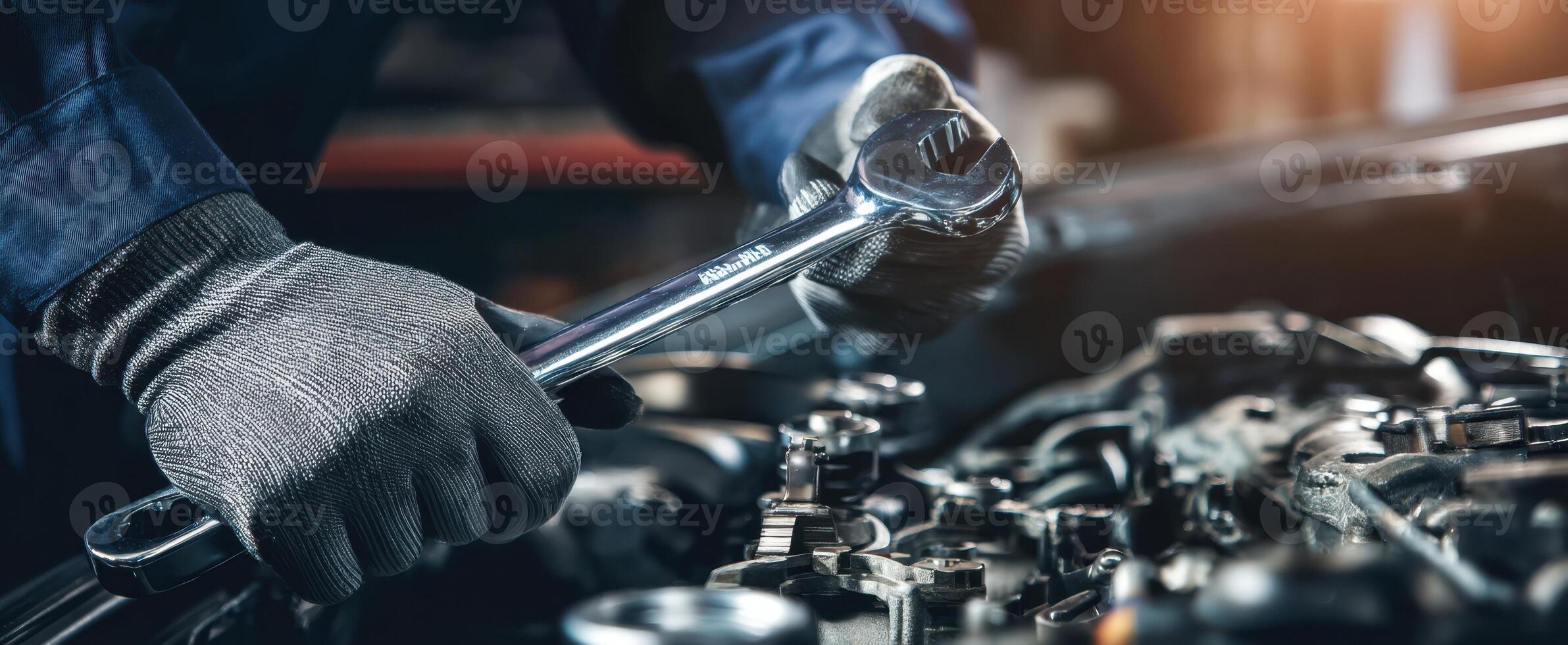 The mechanic using a wrench on an engine in a professional workshop. photo