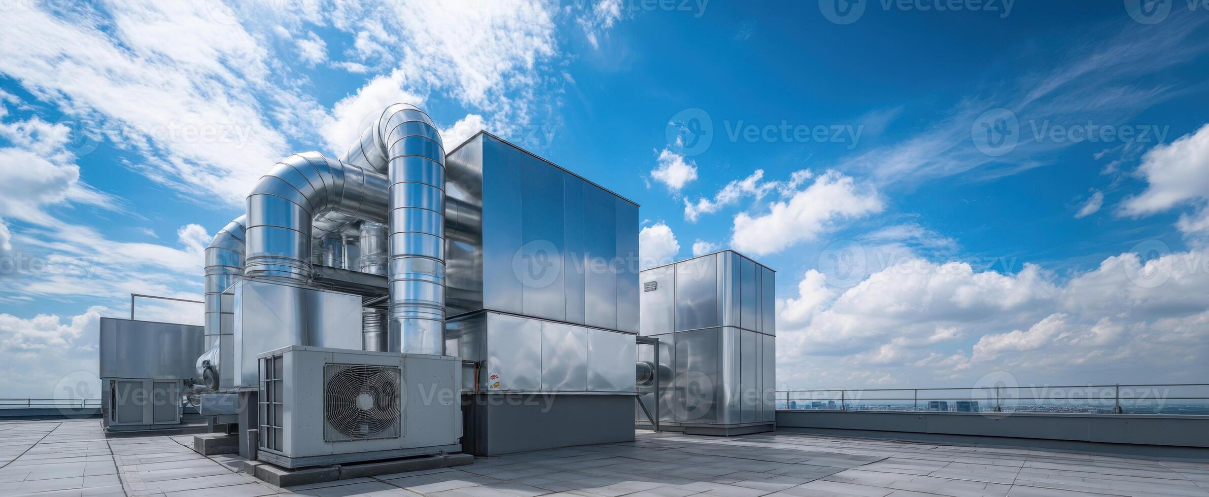 The rooftop machinery showcasing modern HVAC systems against a beautiful sky. photo