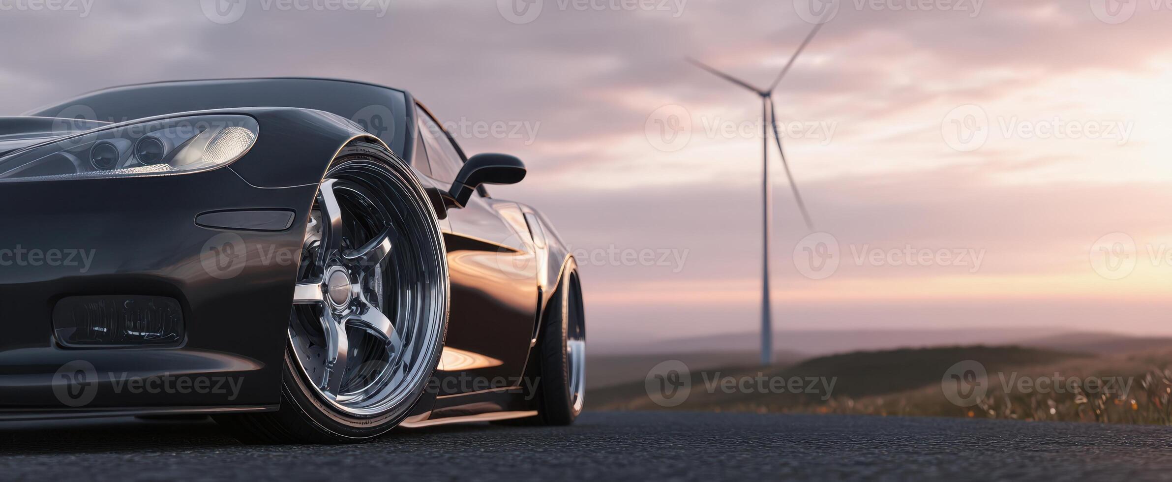 The sleek black sports car against a picturesque landscape with a wind turbine. photo