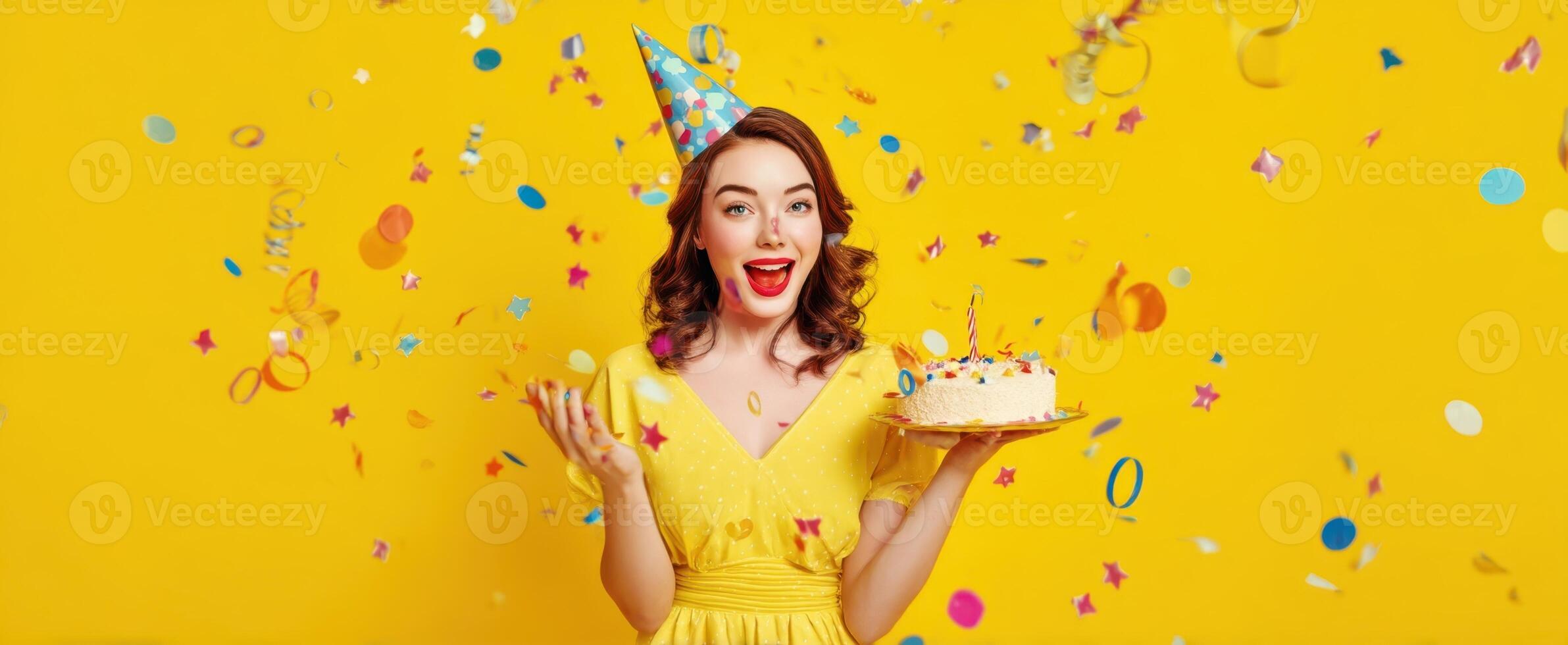 The joyful woman celebrating her birthday with cake and confetti in a vibrant atmosphere. photo