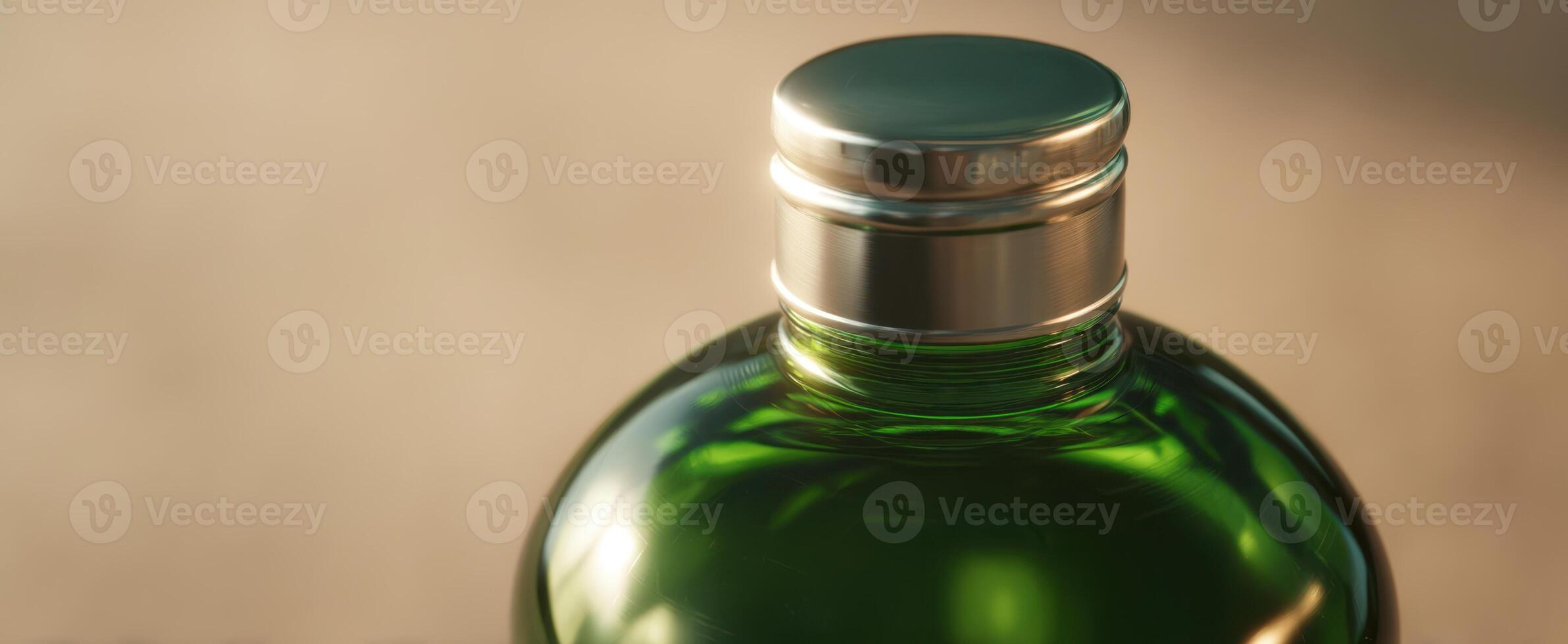The elegant green bottle with a sleek metallic cap against a blurred background. photo