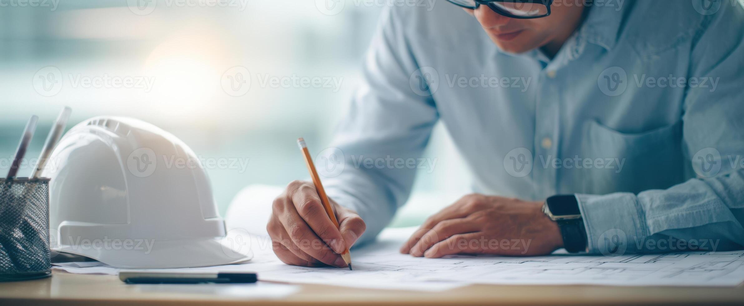 The engineer working on construction plans with focus and precision at the desk. photo