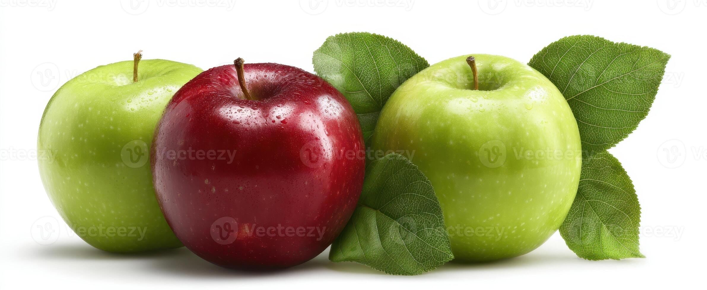 The vibrant assortment of fresh apples with lush green leaves. photo