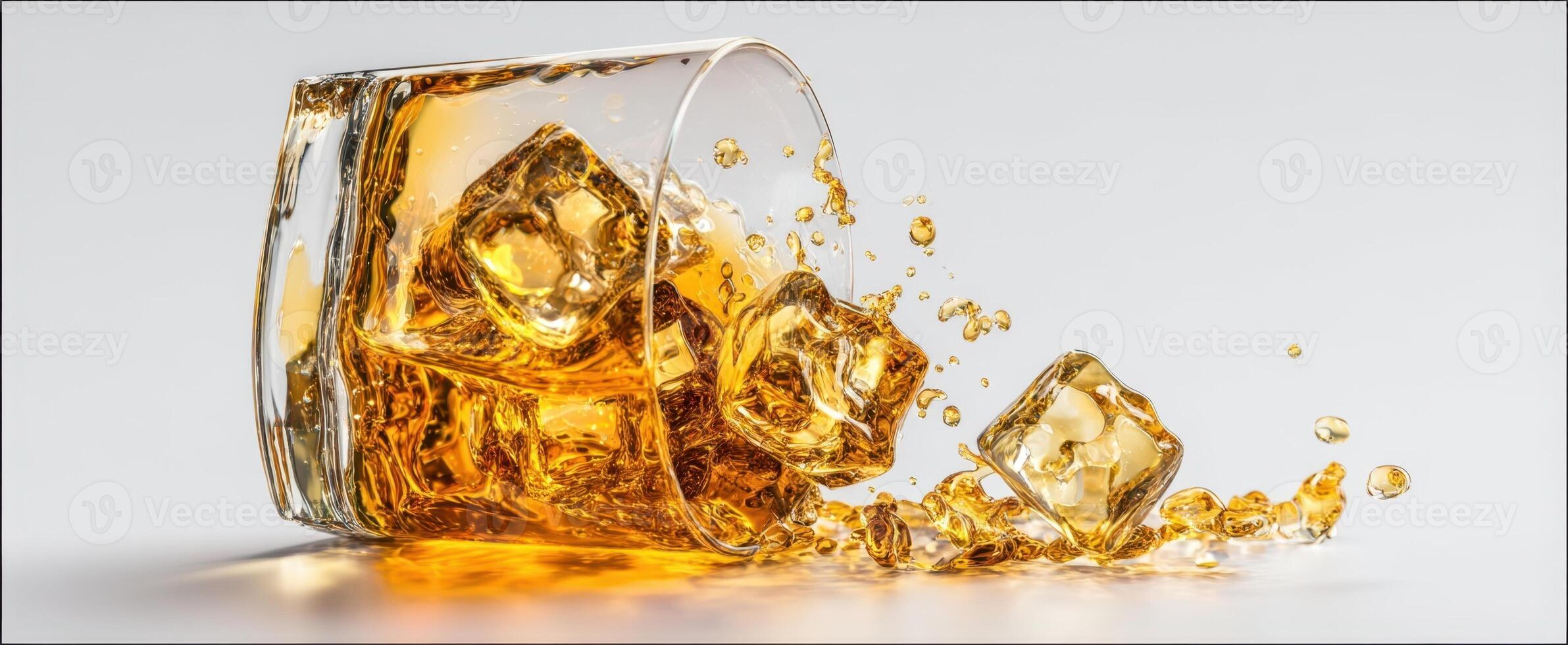 The whiskey glass overflowing with ice and splashing liquid craftsmanship. photo