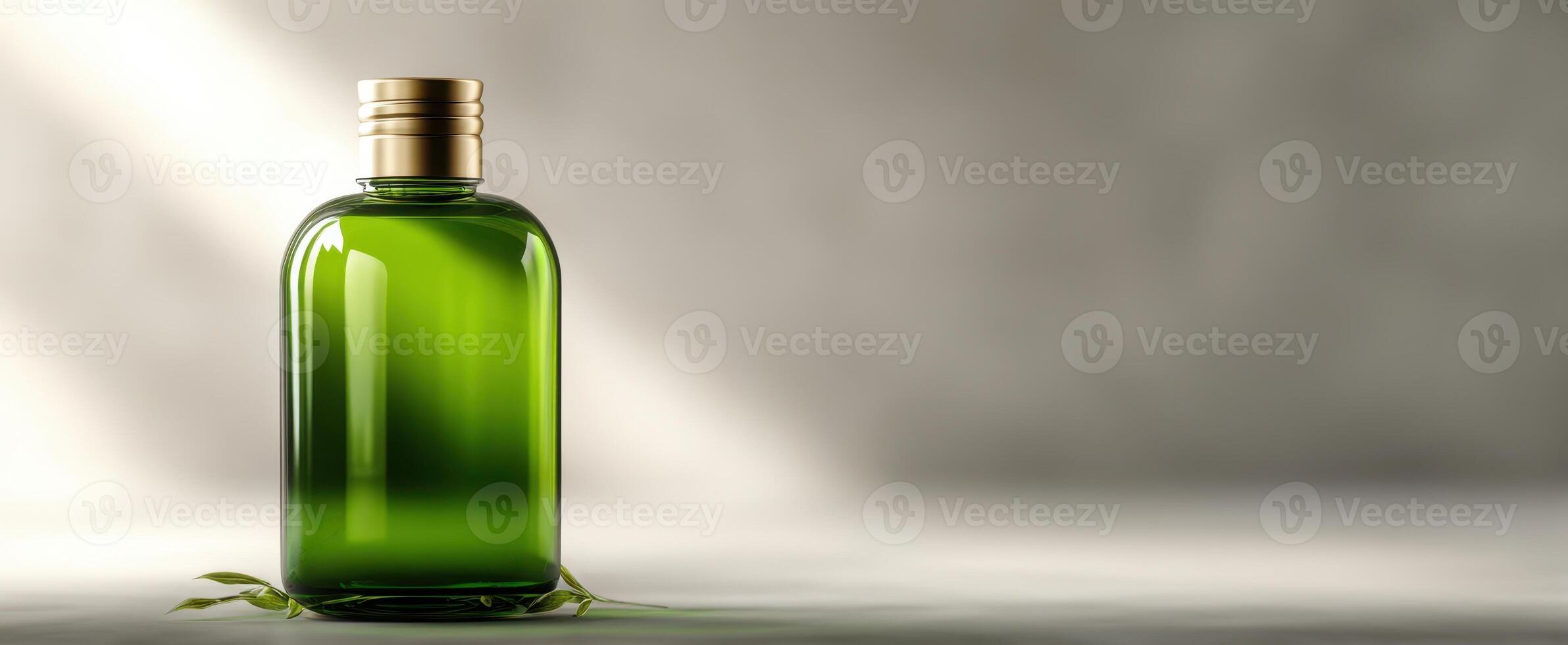 The elegant green bottle showcasing natural herbal oil in serene setting. photo