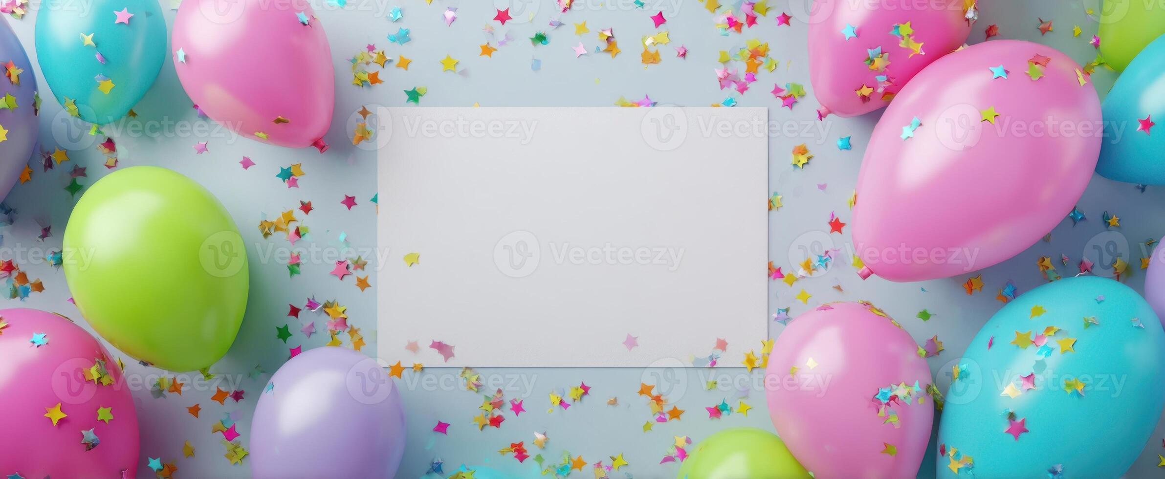 The vibrant balloons surround a blank template for creative celebration messages. photo