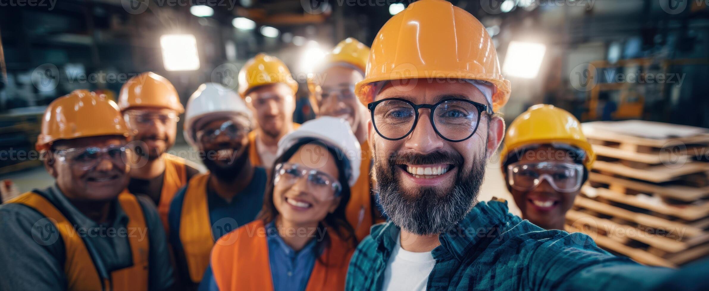 The diverse team of smiling workers in safety gear at an industrial site. photo