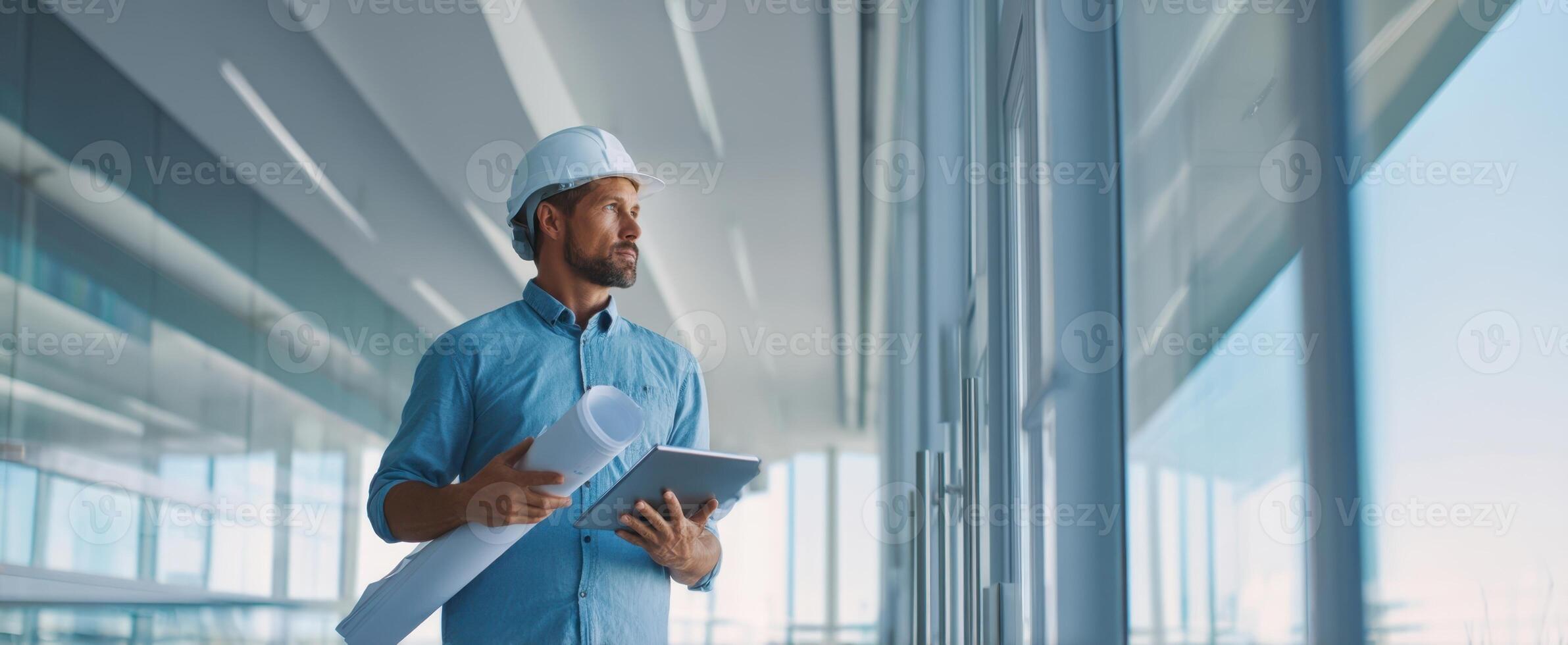 The professional engineer analyzing blueprints in a modern office environment. photo