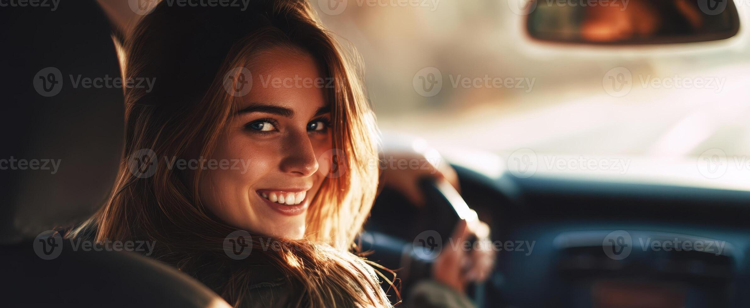 The joyful woman driving a car with a bright smile on her face. photo