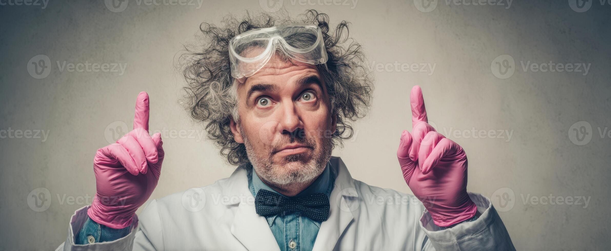 The eccentric scientist with wild hair pointing upwards in a laboratory setting photo