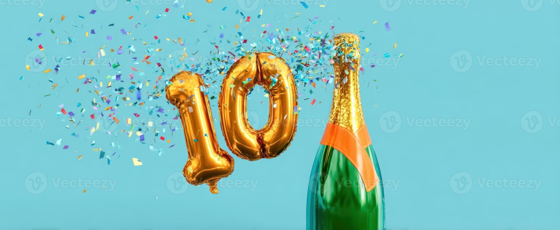 The sparkling champagne bottle celebrating a milestone with golden balloons and confetti. photo