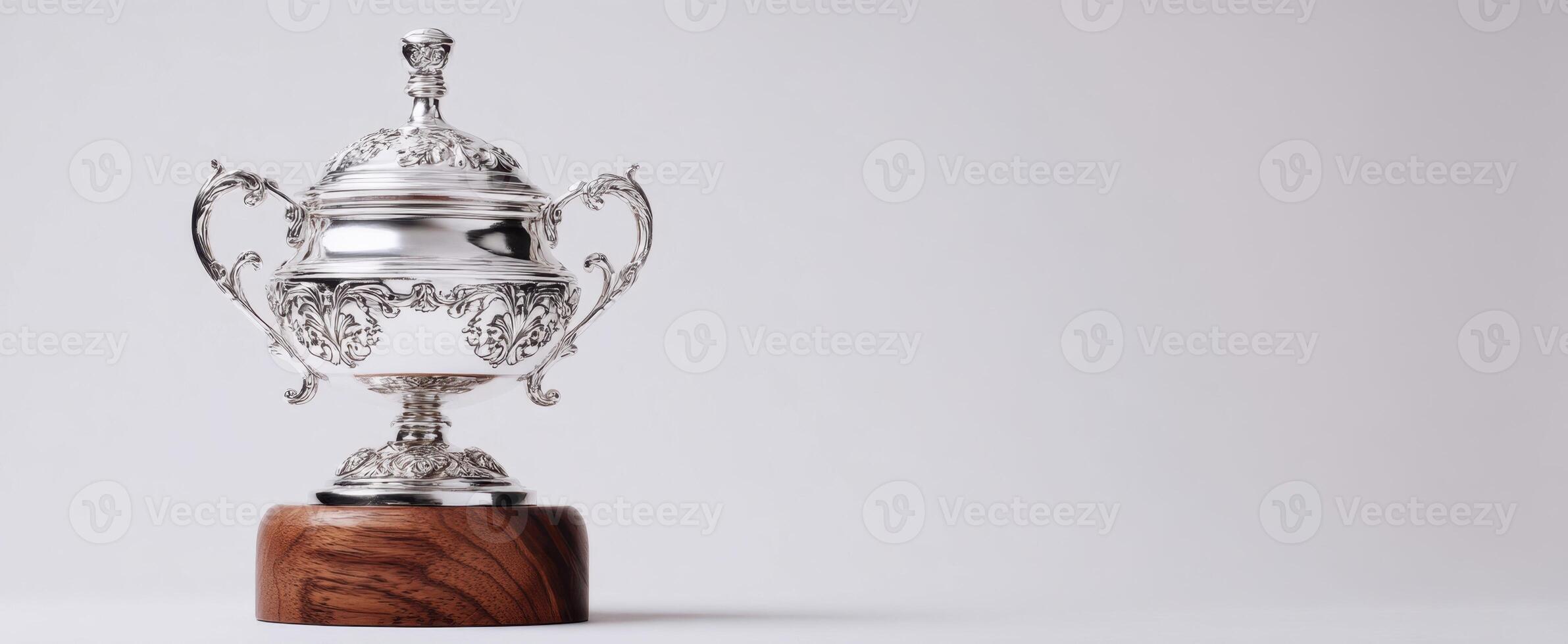 The elegant trophy showcasing intricate silver design on a wooden base. photo