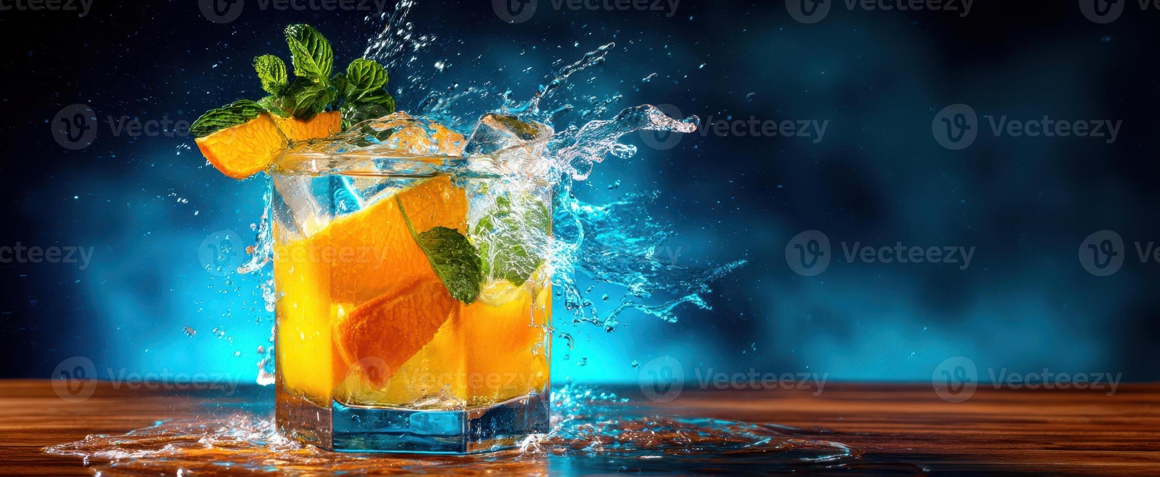 The refreshing cocktail splash with vibrant orange and mint garnish. photo