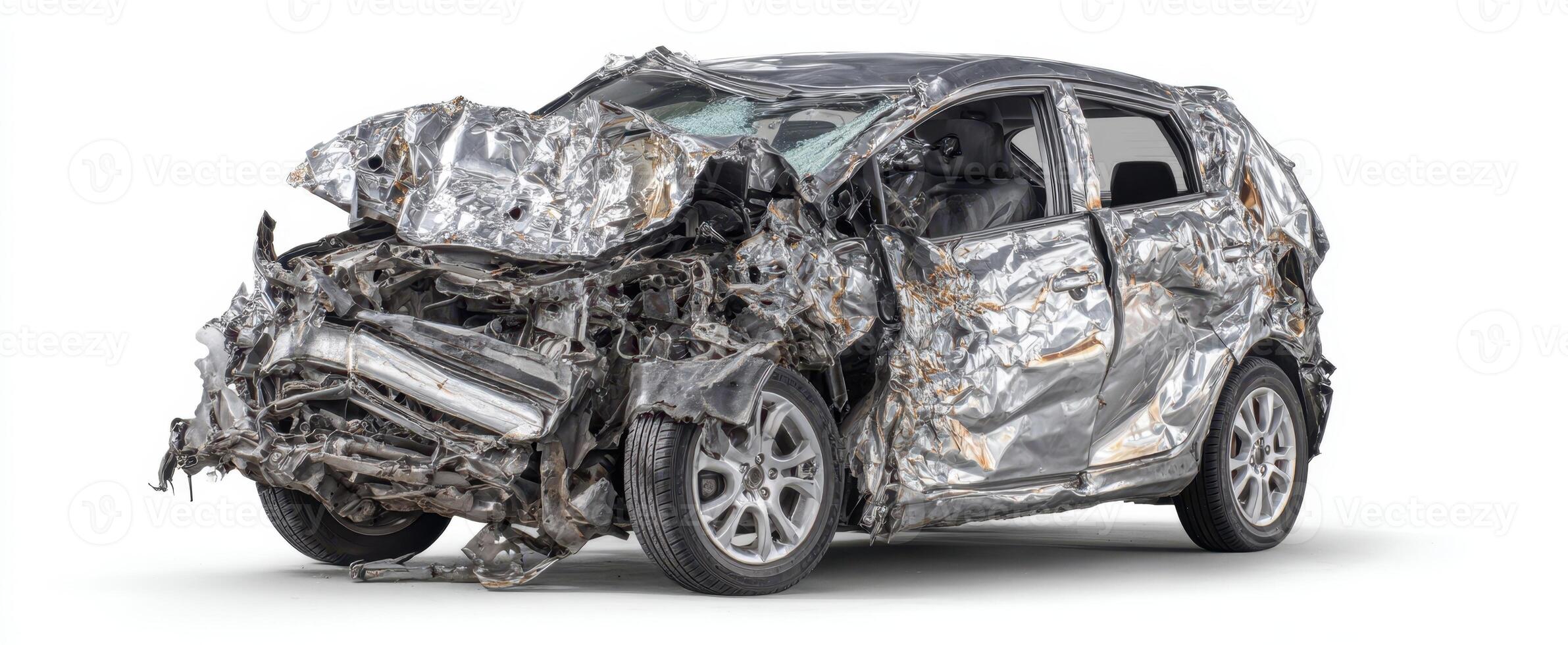 The damaged vehicle showcasing severe collision impacts and metal deformation. photo