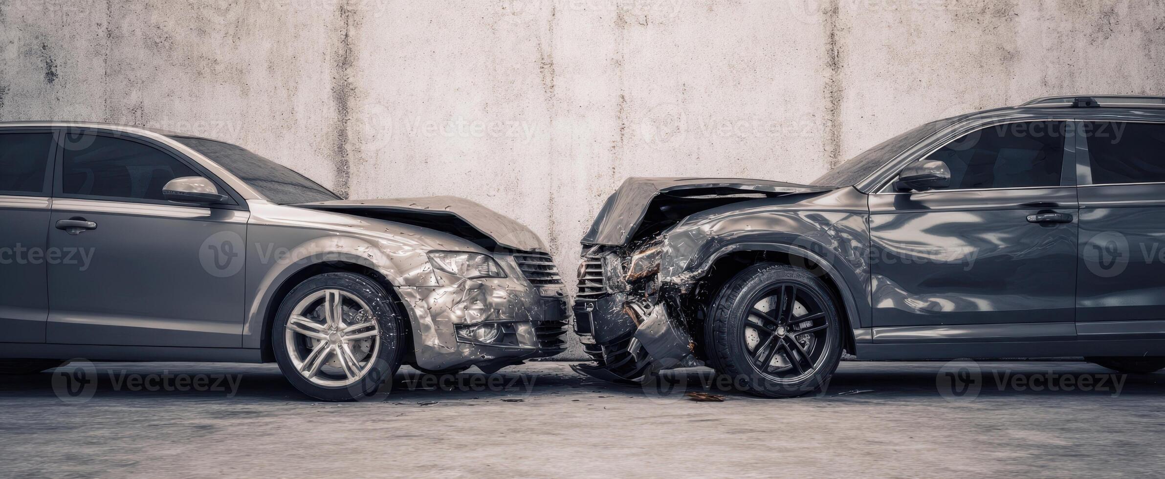 The aftermath of a severe car accident with two damaged vehicles. photo