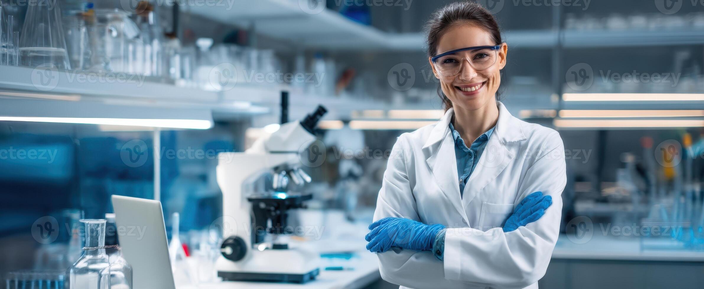 The scientist smiling confidently in a modern laboratory environment. photo