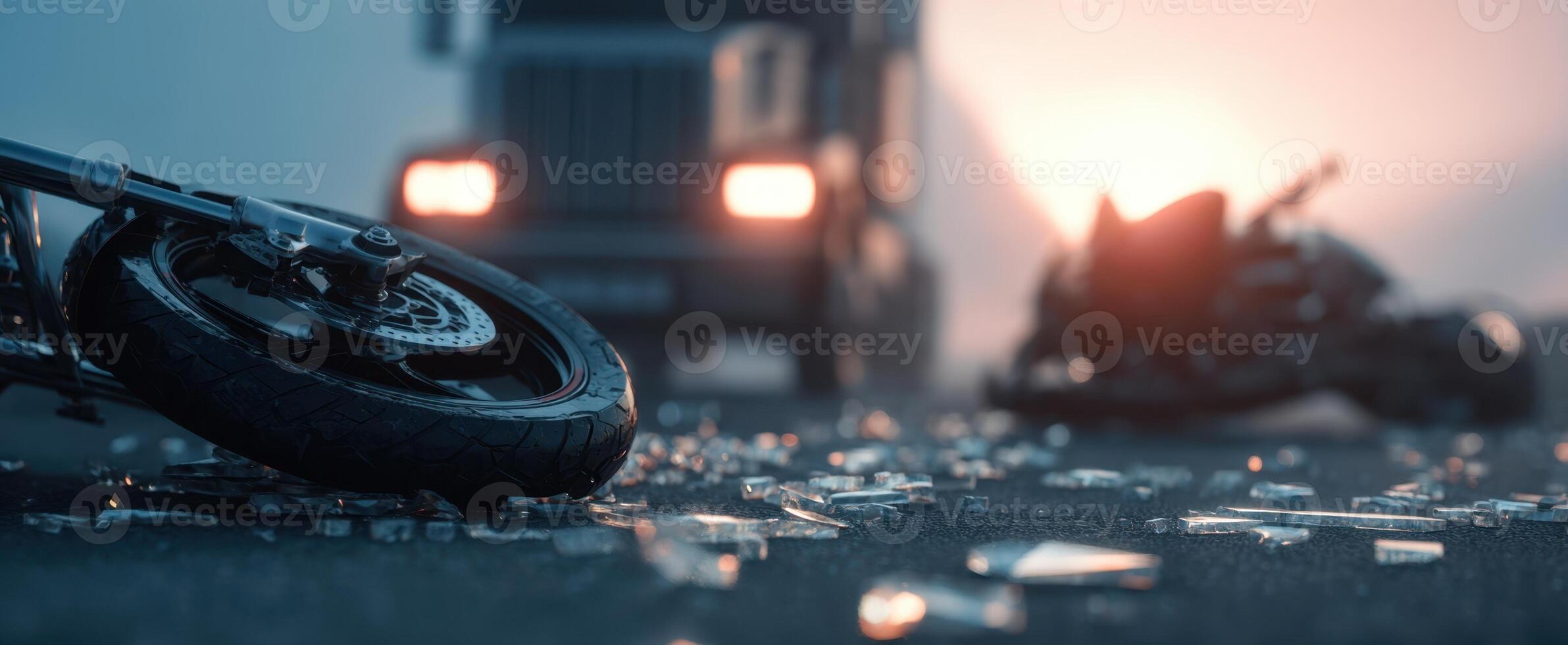 The aftermath of a serious motorcycle accident on a foggy road. photo