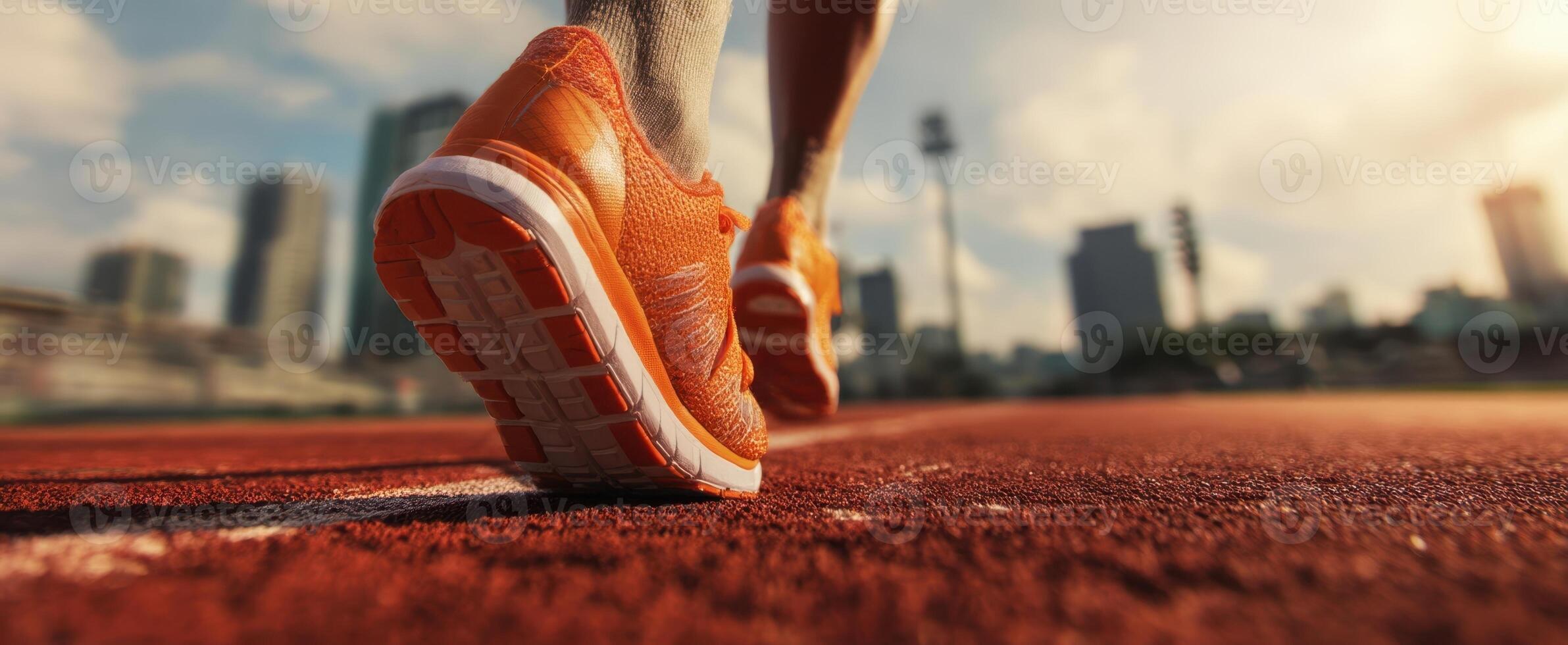 The Athlete in Orange Sneakers Running on Outdoor Track at Sunset photo