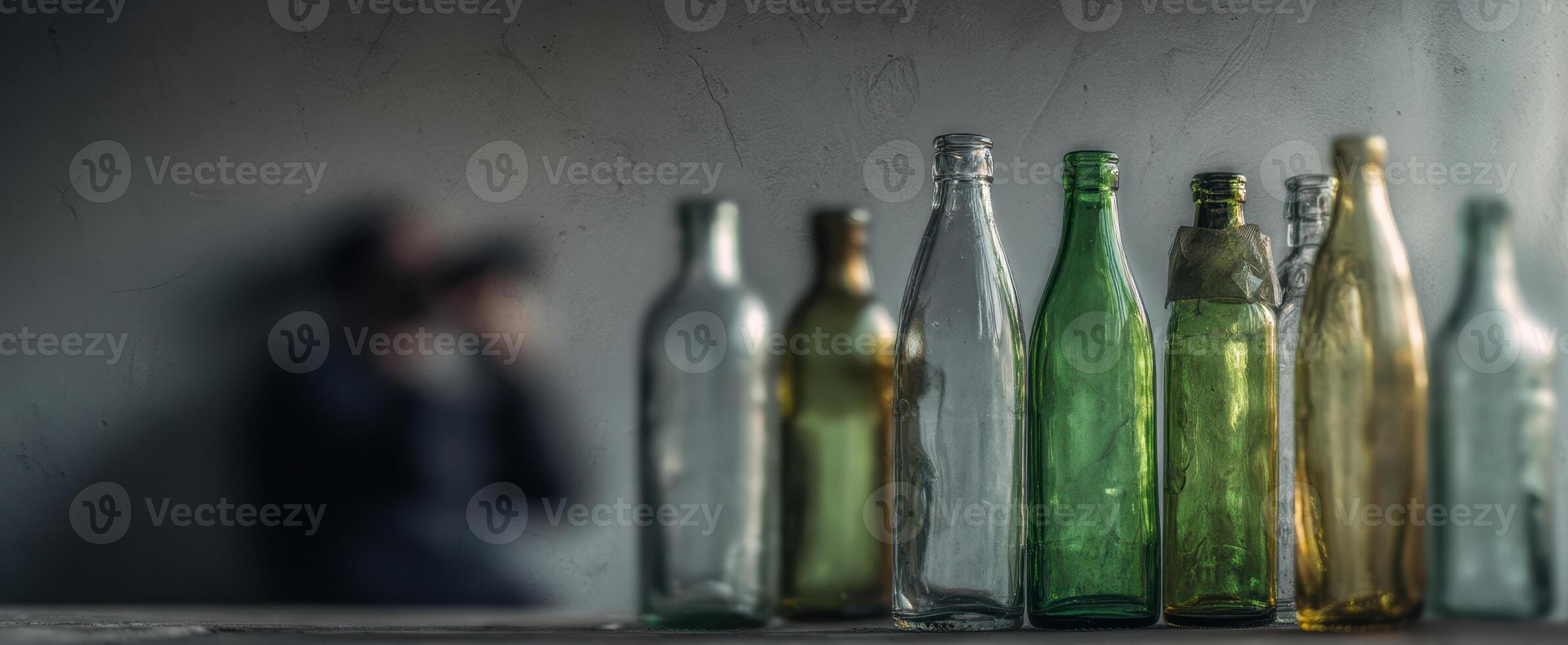The arrangement of colorful glass bottles on a rustic surface with a blurred background. photo