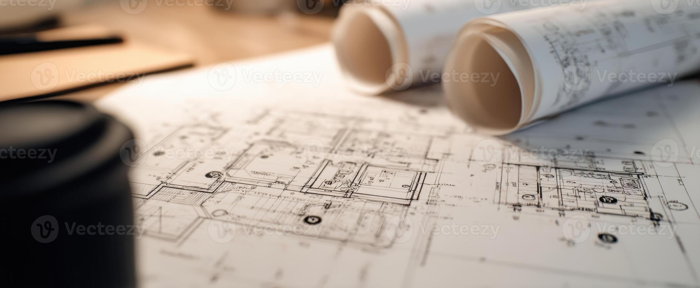 The architectural blueprint and rolled plans on a designer's workspace. photo