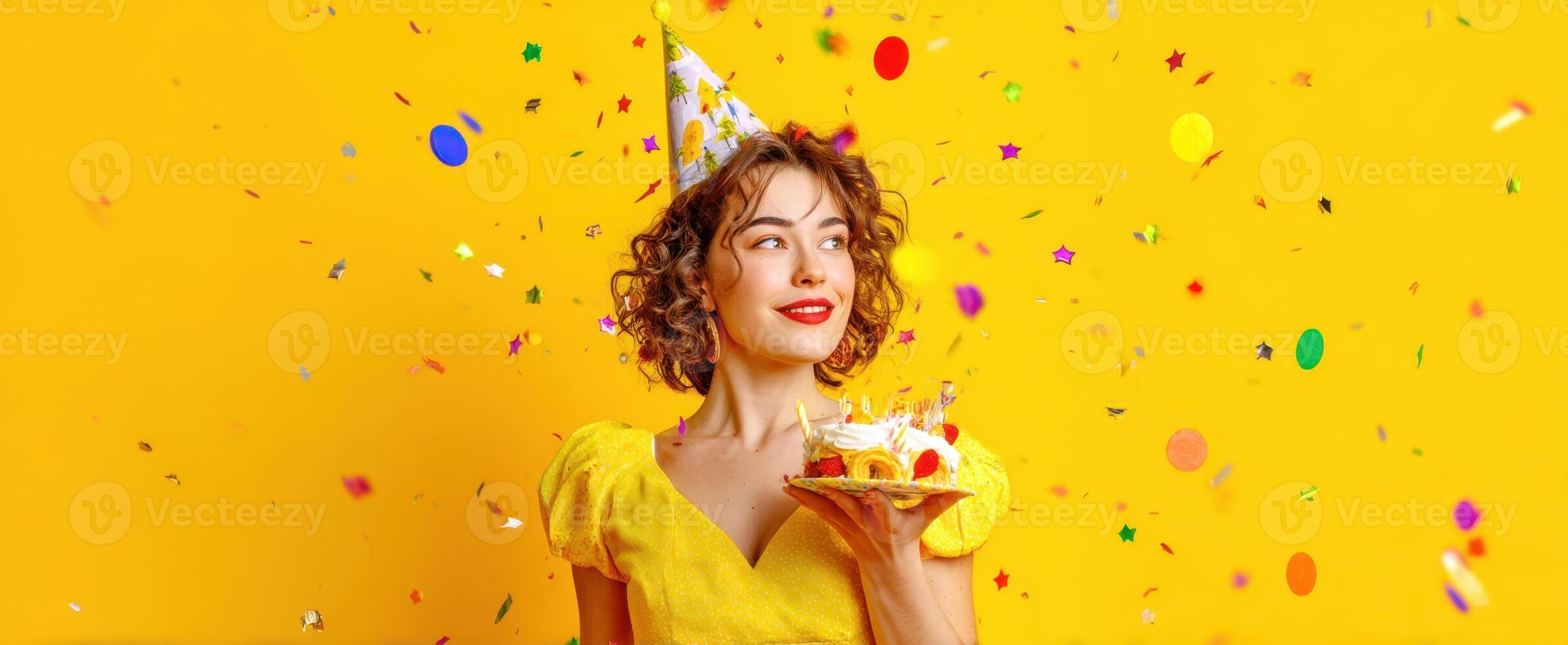 The joyful woman celebrating a birthday with cake and colorful confetti. photo
