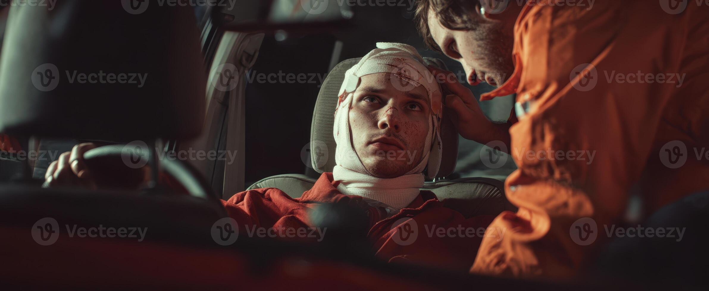 The dramatic moment of care between injured victim and responder in a car. photo
