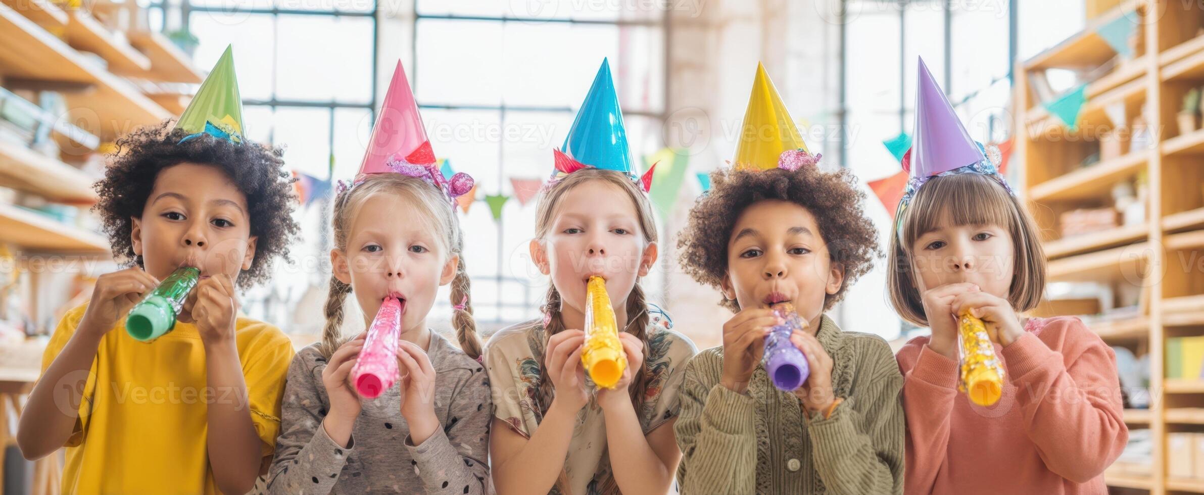 The joyful group of children celebrating with colorful party hats and noisemakers. photo