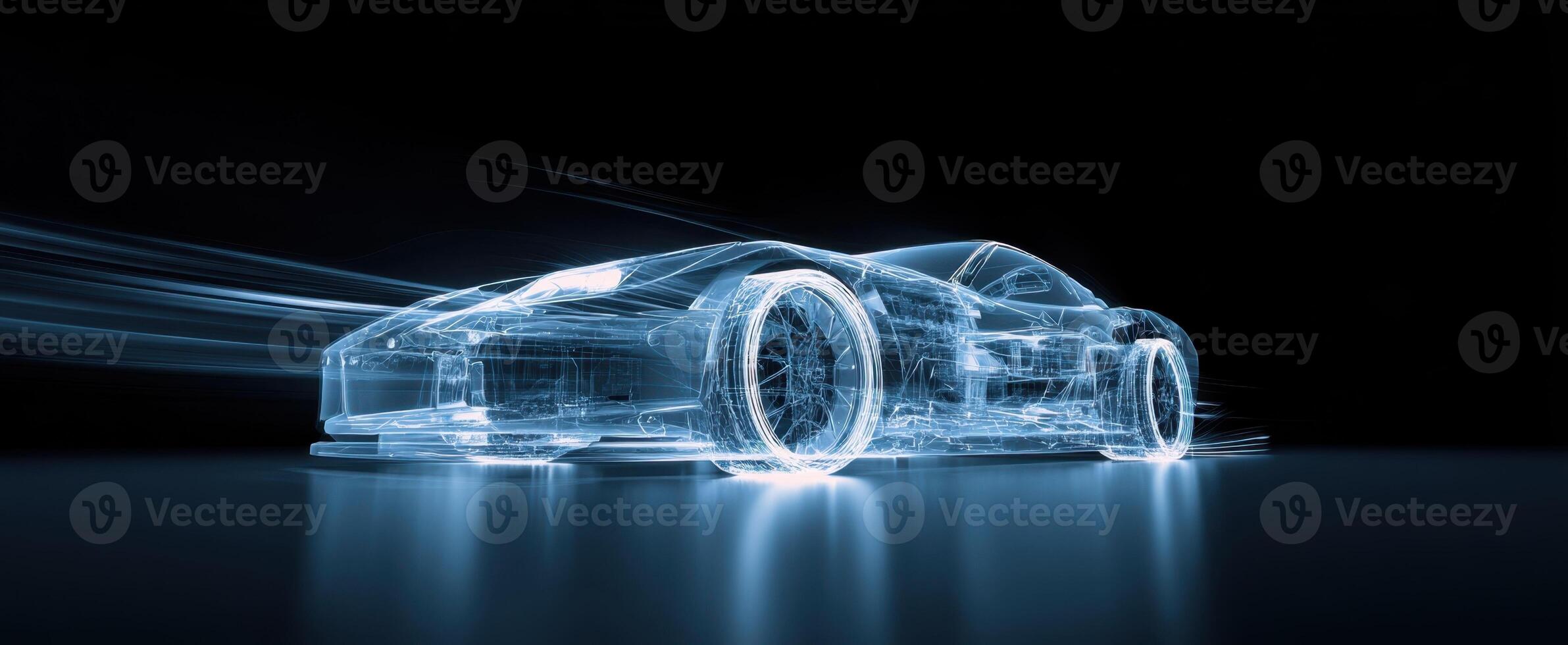 The futuristic car design illuminated by vibrant light trails in a digital world. photo