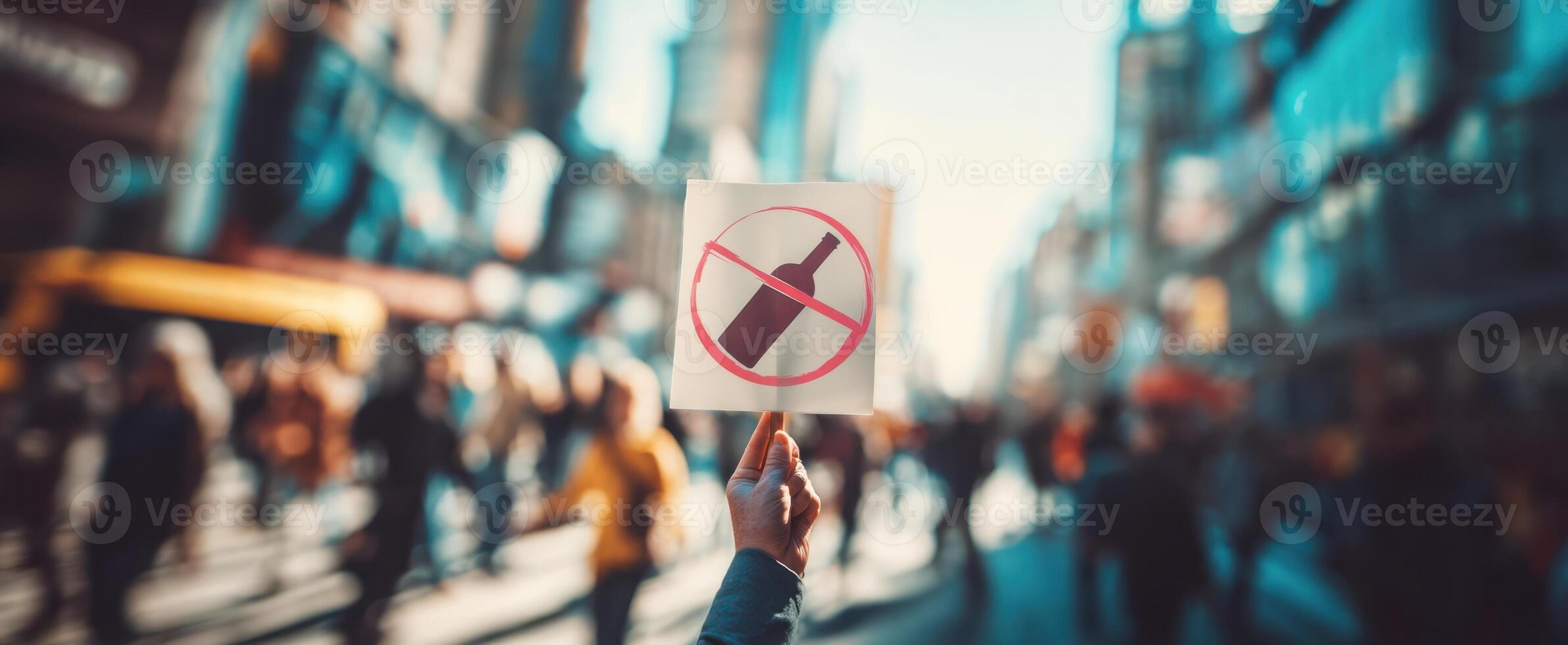 The hand holding a protest sign against bottle use in a busy city. photo