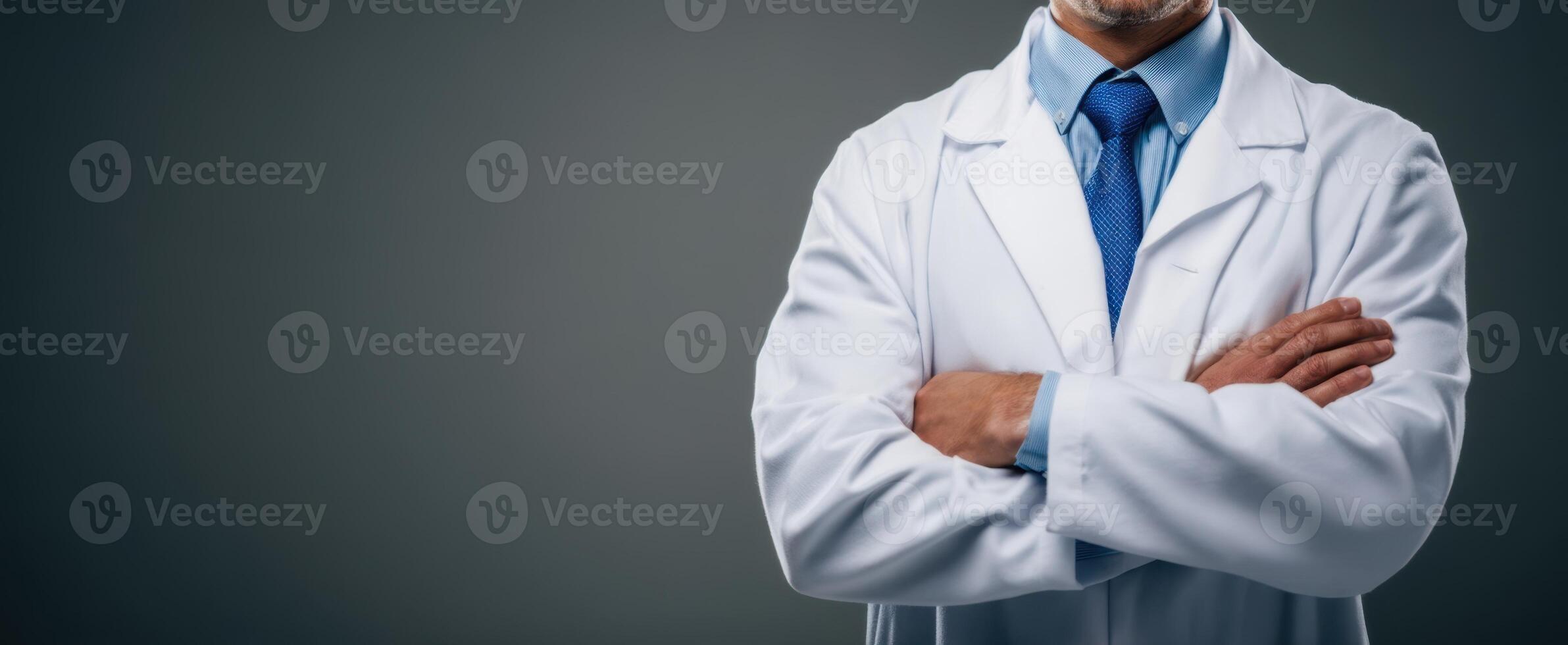The doctor confidently poses in a professional white coat against a dark background. photo