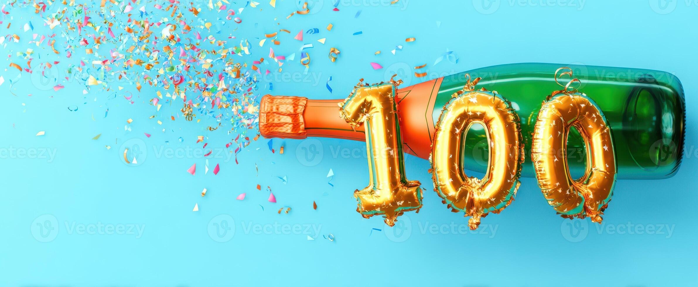 The sparkling champagne bottle celebrating a joyous 100 milestone with confetti. photo