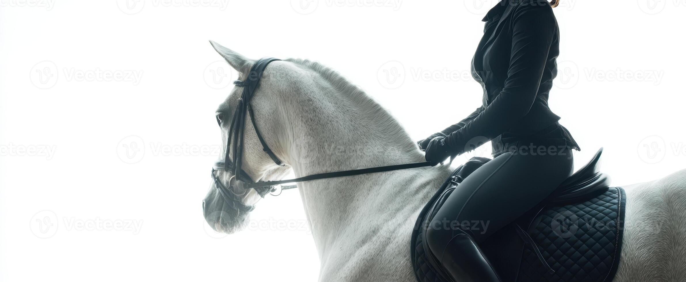 The elegant rider atop a magnificent white horse in a tranquil silhouette. photo