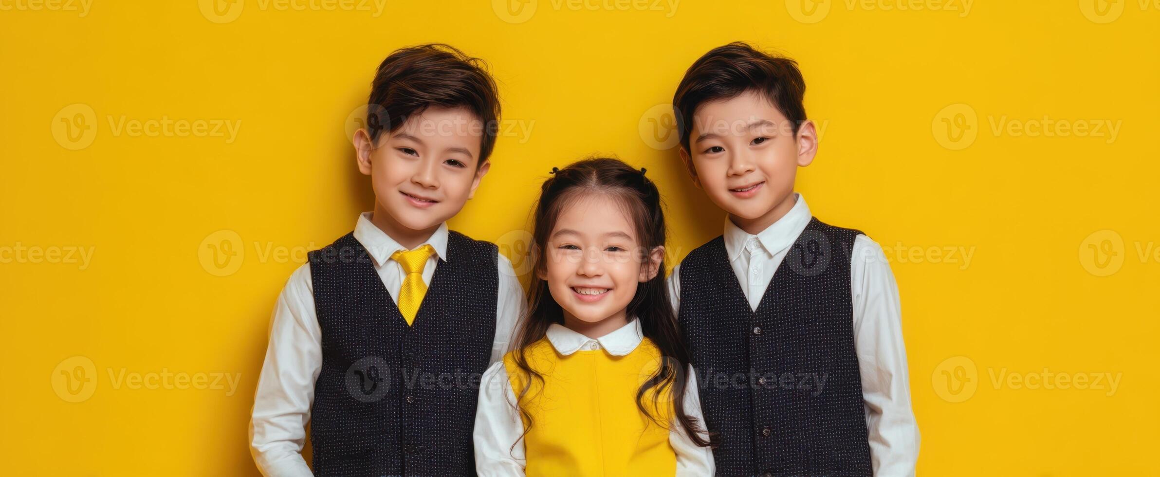 The adorable trio of siblings posing in vibrant yellow outfits against a bright backdrop. photo