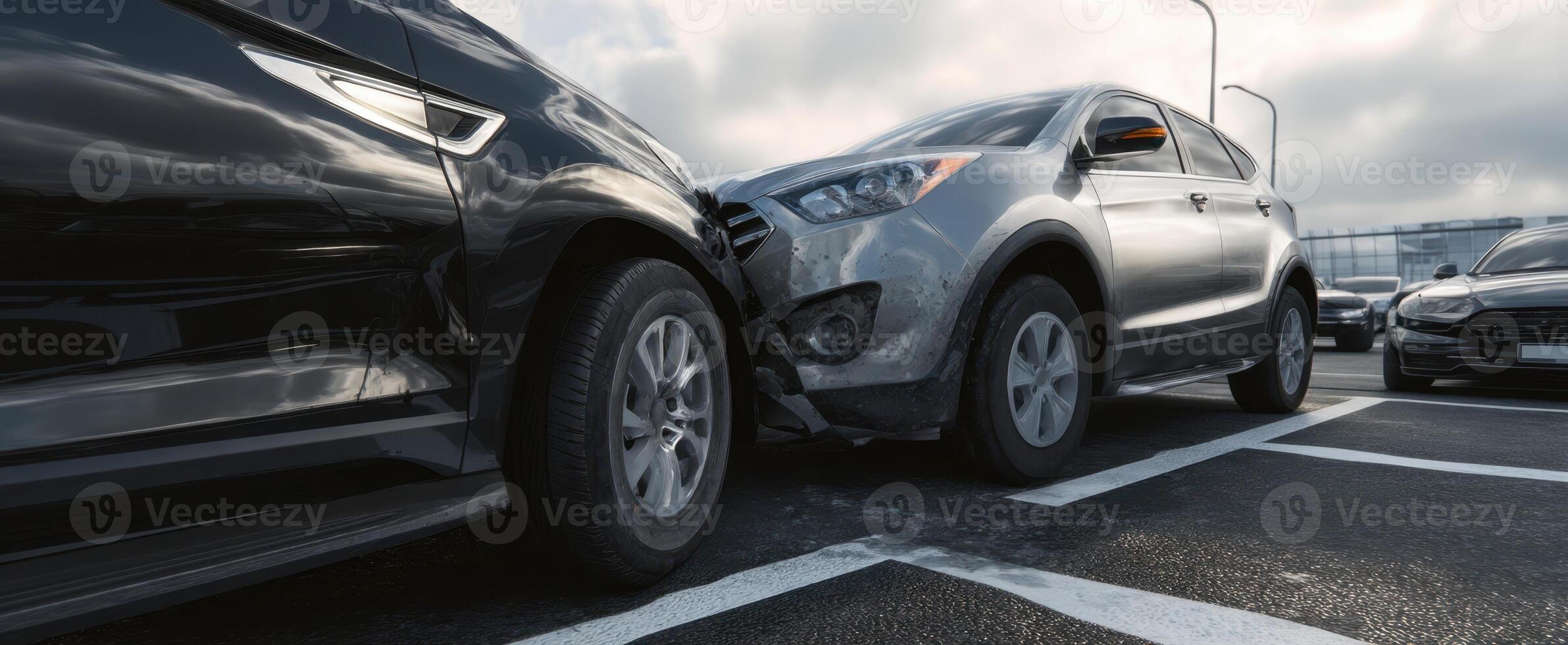 The aftermath of a car collision in a parking lot scene photo