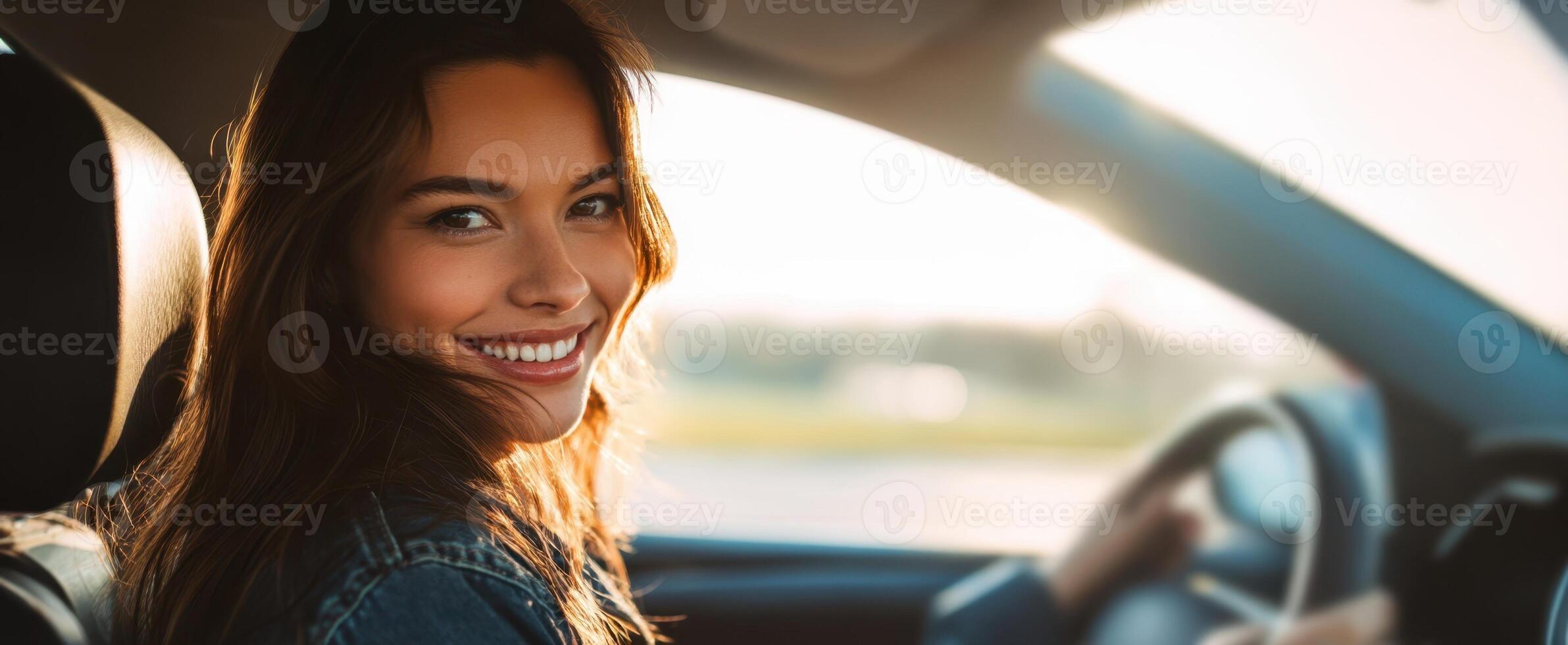 The smiling woman joyfully driving her car on a sunny day photo