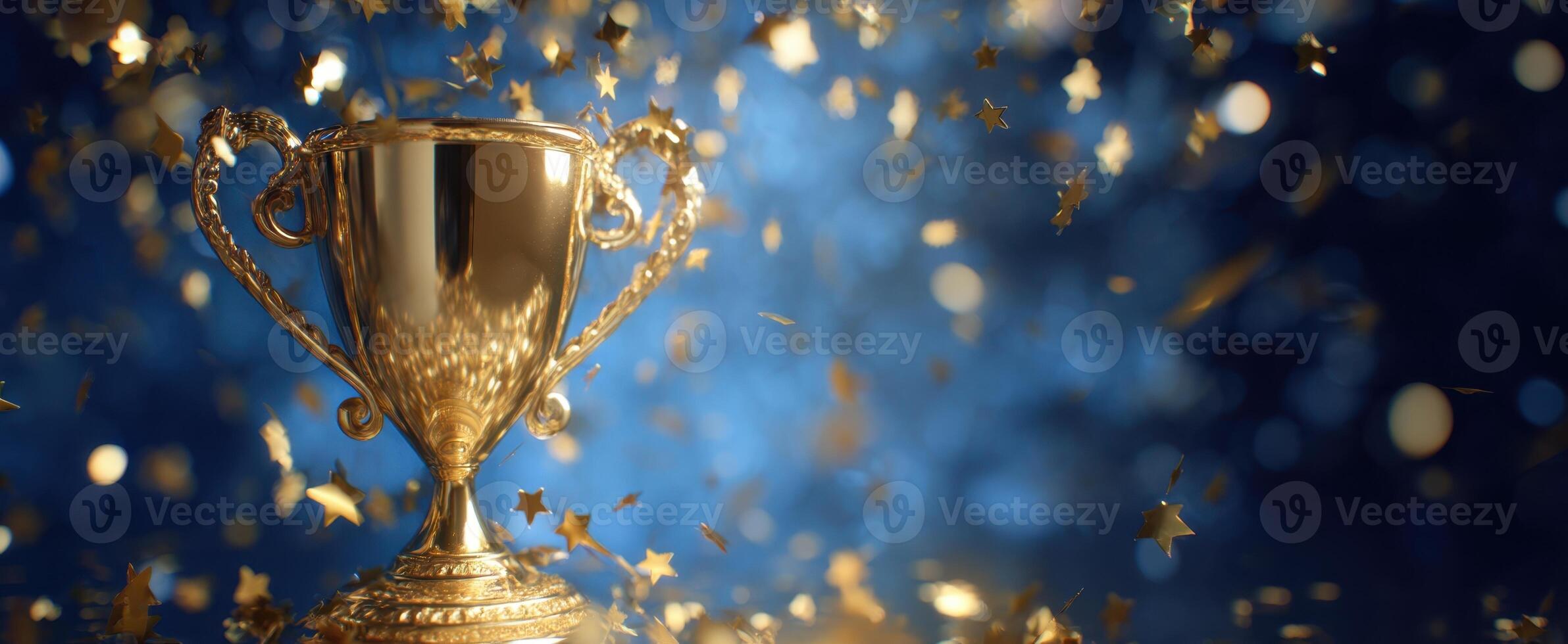 The golden trophy shining amidst festive stars and celebratory lights photo