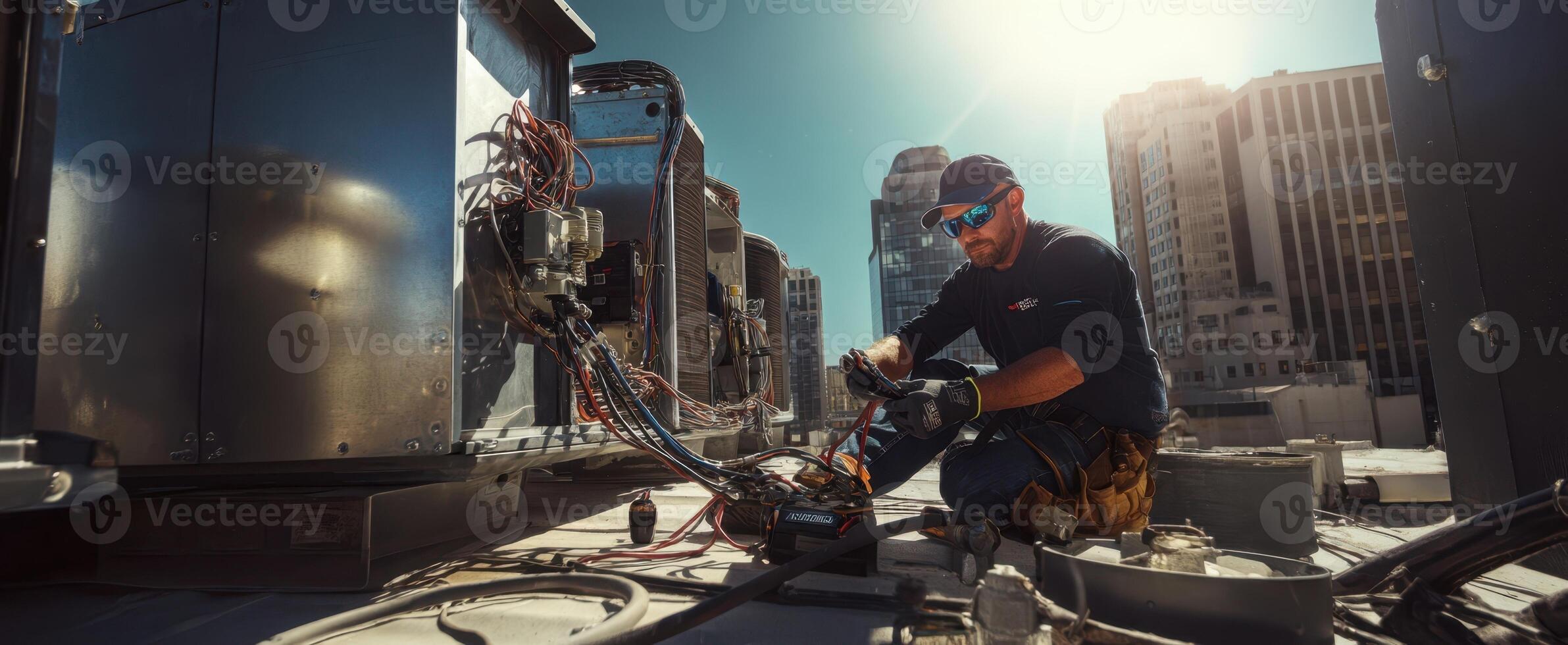 The technician performing maintenance on HVAC units atop a bustling city rooftop. photo