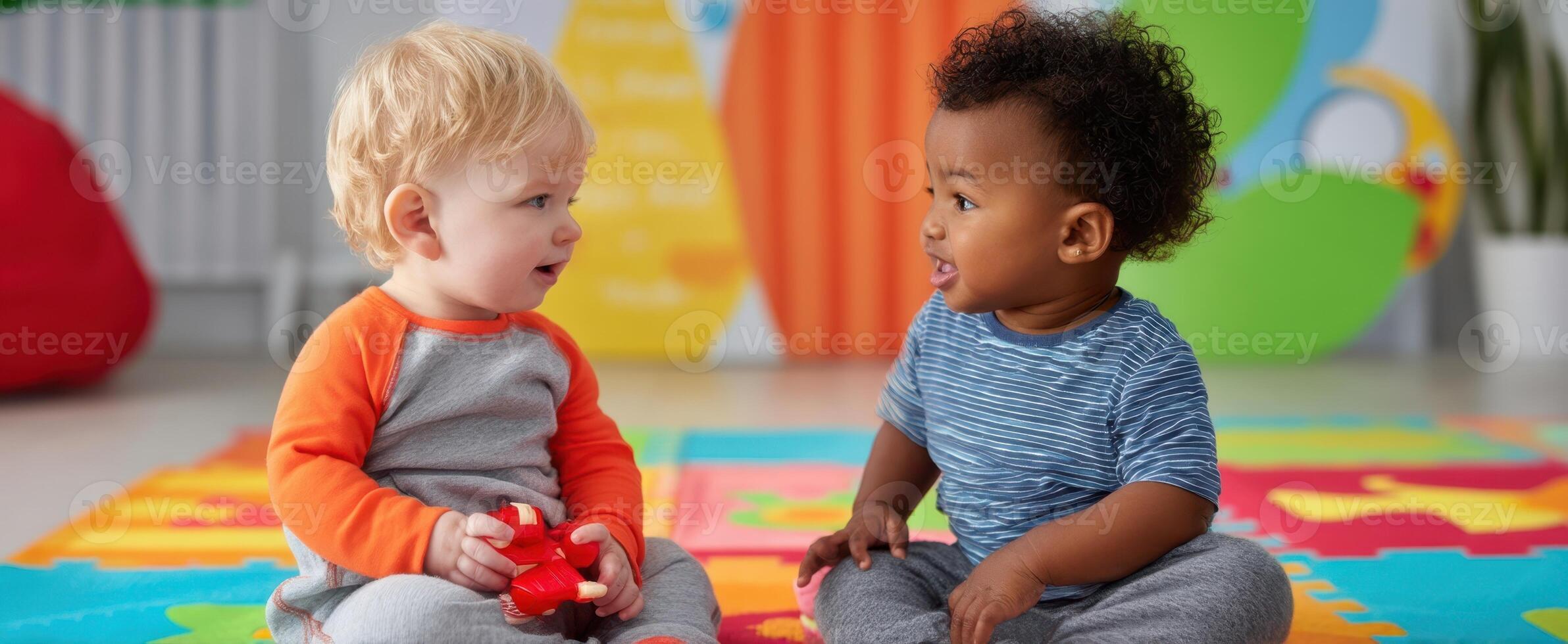 The joyful interaction between two toddlers enjoying playtime on colorful mats. photo