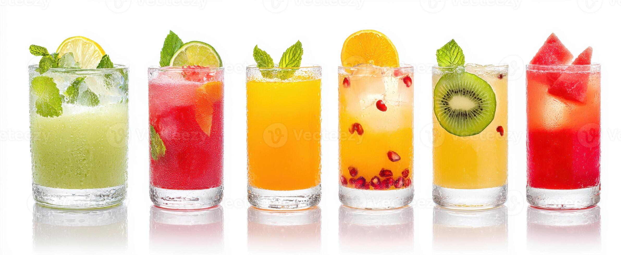 The Colorful Display of Refreshing Fruit Cocktails in Elegant Glasses photo