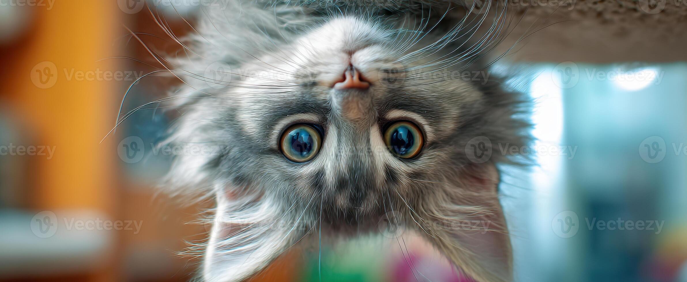 The adorable kitten hanging upside down with big expressive eyes. photo